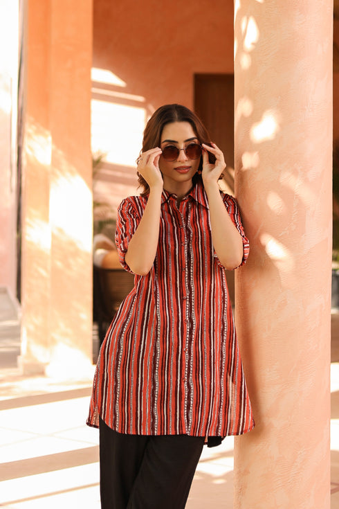 Women Standard Fit Vertical Striped Spread Collar Pure Cotton Casual Shirt